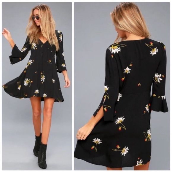 Free People Dresses & Skirts - Free People Black Floral Time On My Side Long Sleeve Wrap V-neck Mini Dress